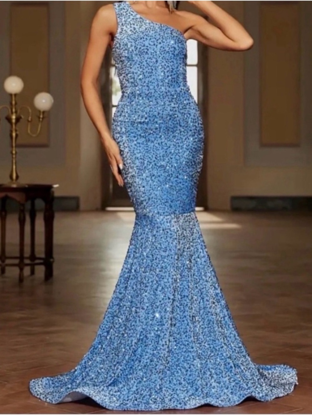 One-Shoulder Sequin Mermaid Gown - Blue